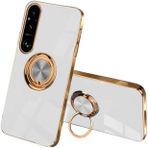 UPLAI Sony Xperia 1 V için kılıf, ultra ince, darbeye dayanıklı, galvanik kaplama tasarım kapak, halka tutucu, yumuşak TPU silikon tampon kapağı. Beyaz