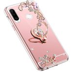 Uposao Huawei P30 Lite ile uyumlu cep telefonu kılıfı, suni elmas, pırıltılı ayna koruyucu kılıf, ayna kılıfı, kelebek çiçek silikon kılıf, yüzük tutuculu çanta, pembe altın