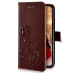 Uposao Huawei P9 lite ile Uyumlu Mini Kılıf Deri Cüzdan Kapaklı Kapak Retro Gül Çiçek Kabartmalı Desen Koruyucu Telefon Kılıfı Destek Çubuğu Kart Tutucu Manyetik Kapama, Kahverengi