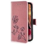 Uposao Huawei P9 lite ile Uyumlu Mini Kılıf Deri Cüzdan Kapaklı Kapak Retro Gül Çiçek Kabartmalı Desen Koruyucu Telefon Kılıfı Destek Çubuğu Kart Tutucu Manyetik Kapama, Pembe Altın