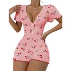 Uposao Kadın Tulum Kiraz Baskılı V Yaka Düğmeli Bodycon Gecelik