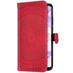 Uposao Samsung Galaxy S10 Plus ile Uyumlu Kılıf Deri Kapaklı Kılıf Retro Mandala Çiçek Baskılı Desen İnce Cüzdan Kılıf Destek Çubuğu Kart Tutucu Bilek Kayışı Koruyucu Kılıf, Kırmızı