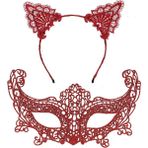 Uravas Store Üreticiniz Romantik Kırmızı Dantel Maske Seti – Kedi Kulaklı Taç ve Maske 3 No