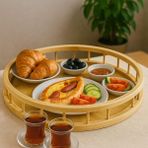 Uray Home Premium Bambu Serisi 35 cm Çitli Yuvarlak Tepsi - Kestane Akaju - Option-1