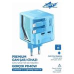Uray Store Gan+ Pd 40W Hızlı Şarj Adaptörü Çoklu Çıkış Usb-C Lightning Kablolu Hızlı Şarj Cihazı Ev Ofis Uyumlu Mavi - Belirtilmemiş - Çok Renkli