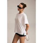 Urban Beat NAYSA Kadın %100 Organik Pamuk Relaxed Fit Yırtmaçlı Yuvarlak Yakalı Beyaz T-Shirt
