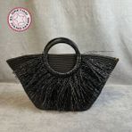 Uretti - Ayşe 4723 9052 El Yapımı Tress Ip Yuvarlak Saplı Plaj Çantası - Siyah - Boy: 24 cm En: 45 cm Askı boyu: 6 cm