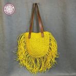 Uretti - Ayşe 4723 El Örgüsü Püsküllü Kağıt Ip Kadın Omuz Çantası - En: 29cm Boy: 30 cm - Sarı