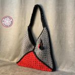 Uretti - Emine 9106 El Örgüsü Ahşap Boncuk Detaylı Çanta - Gri - Kırmızı - 38cm*24cm