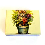 Uretti - Hülya 6683 2378 El Yapımı Nostaljik Retro Kedi Baskılı Kare Ahşap Dekoratif Saklama/Takı Kutusu - Mavi