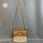Uretti - Hülya 6683 5892 El Örgüsü Bej Makrome Ip ve Taba Deri Kapaklı Kadın Omuz Çantası - 22x20