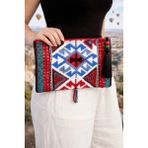 Uretti - Sümeyya 2589 2333 El Yapımı Etnik Kilim Desen Boncuk Işlemeli Siyah Püsküllü Clutch Çanta - En: 29 cm Boy: 21 cm - Kırmızı