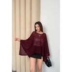URİS Kadın Bordo Kayık Madonna Yaka Panço Görünümlü Şık Oversize Yazlık Mevsimlik File Bluz