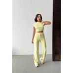 URİS Kadın Yaz Sarısı Şerit Detaylı Crop Bluz Yüksek Bel Bol Paça Pantolon Alt Üst İkili Takım