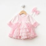 Ürünya Kız Bebek Uzun Kollu Bandanalı Tüllü Tokalı Elbise - 6 Ay - Pembe