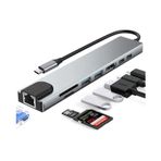 USB C Hub 8'i 1 arada, USB C Yerleştirme İstasyonu, Çoklu Bağlantı Noktası Adaptörü, 4K HDMI, Tip C 100W PD, SD/TF Kart Okuyucu, USB 3.0, Gigabit Ethernet LAN Adaptörü, MacBook Air/Pro, Laptop, Huawei