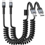 USB C Kablosu Hızlı Şarj, Sarmal USB A'dan Tip C'ye Araç Şarj Cihazı, Geri Çekilebilir Şarj Kablosu Samsung Galaxy S23 S20 S10 S9 S8 Plus Note 10 9 8 CarPlay Diğer USB C Cihazları ile Uyumlu -