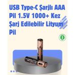 USB Type-C Şarjlı Aaa Lityum Pil | 1.5V Sabit Voltaj 1000+ Şarj Döngüsü ile Uzun Ömür Nemere - 1 Adet