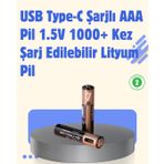 USB Type-C Şarjlı Aaa Lityum Pil | 1.5V Sabit Voltaj, 1000+ Şarj Döngüsü ile Uzun Ömür