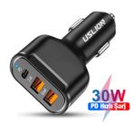 Uslion 30w 2 Usb + Type-c Girişli Qc3.0 Hızlı Araç Çakmaklık Şarjı Siyah