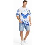Uslucan Alışveriş Erkek Asit Yıkamalı Oversize Tişört Mavi Kelebek Baskılı Dijital Print Bisiklet Yaka Streetwear T-Shirt - Beyaz