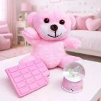 Uslucan Alışveriş Pembe Peluş Ayıcık, Kar Küresi Ve Pembe Çikolata Not Defteri Hediye Seti