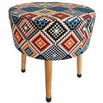 Ustaagac Puf Koltuk Tabure - Etnik Retro Boho Renkli Mozaik Desen - Ahşap Gürgen Ayaklı Lacivert
