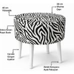 Ustaagac Salon Pufu – Dalgalı Zebra Desenli, Ahşap Ayaklı Dekoratif Tabure - Beyaz