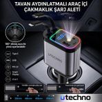 utechno 66W 4in1 Tavan Aydınlatmalı Araç Içi Çakmaklık Şarj Aleti Type-C Lightning Kablolu USB + Type-C Giriş Pd Hızlı Şarj - Gri