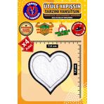 Ütü ile Yapışan Arma Yama, Beyaz Kalp (4 Adet) Ütüyle Yapışan Nakış Dokuma Aplike Patch