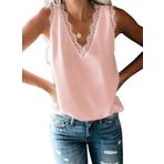 Uusollecy Bayan Tank Top yazlık kolsuz şifon bluz üst dantel V yaka yelek üst giyim bluz, Pembe., S