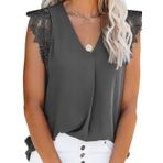 Uusollecy Bayan Tank Top yazlık kolsuz şifon bluz üst dantel V yaka yelek üst giyim bluz, Y gri, M
