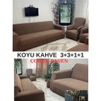 Uytm 3+3+1+1 Dokuma Jakar Koltuk Örtüsü. Lastikli, Esnek, Yıkanabilir Koltuk, Kanepe, Çekyat Örtüsü - 180 x 230 cm - Pudra