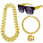 UYUYong Hip Hop Süslü Elbise Hip Hop Kostüm Kiti 80'ler, 90'lar Rapçi, Süslü Elbise Altın Dolar Yüzük + Dolar Kolye + Maskeli Balo Partisi Karnaval Rapçi Konser için Rap Güneş Gözlüğü Bileklik