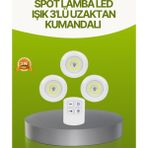 Uzaktan Kumandalı 3 Lü Kablosuz LED Spot Lamba Seti Yapışkanlı Pratik Kullanım - 1 m - 00 Beyaz