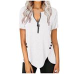 Uzun bluz, kadın, şık, V yaka, fermuarlı, yazlık, kısa kollu, üst giyim, rahat, sıra dışı tunik, moda, bol, gömlek, bluz, uzun üst giyim, 4 beyaz, L