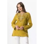 Uzun Kol Çiçek V Yaka Nakışlı Müslin Yazlık Bluz Yağ Yeşili Ygysl 2Xl-3Xl Yağ Yeşili