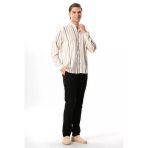 Uzun Kol Şile Bezi Hakim Yaka Tek Cepli Erkek Yazlık Gömlek Ekru Gri Çizgili 3028 M Ekru Gri Çizgili