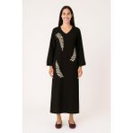 Uzun Kol Yaprak V Yaka Baskılı Müslin Uzun Otantik Yazlık Elbise Siyah-Siyah Syh/syh - L - XL - Çok Renkli