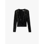 Uzun Kollu Degaje Yaka Pullu Payetli Crop Bluz