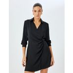 Uzun Kollu Drape Detaylı Mini Boy Kruvaze Gömlek Elbise