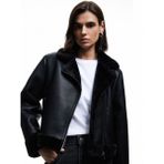 Uzun Kollu Fermuarlı Suni Kürk Astarlı Kruvaze Suni Deri Biker Crop Ceket - Siyah - 36