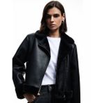 Uzun Kollu Fermuarlı Suni Kürk Astarlı Kruvaze Suni Deri Biker Crop Ceket