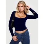 Uzun Kollu Kare Yaka Slim Fit Kadın Crop Bluz - Lacivert