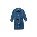 Uzun Kollu Pamuklu Kuşak Detaylı Cepli Düğmeli Gömlek Yaka Denim Elbise