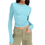 Uzun kollu tişört, kadın, pamuk, tunik, üst, basic tişört, Crop Top Y2K Clothes Casual yuvarlak yaka kazak, uzun kollu tişört, dar kesim, gömlek, bluz, genç, sokak giyimi, Açık mavi-9, S