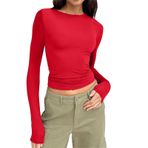 Uzun kollu tişört, kadın, pamuk, tunik, üst, basic tişört, Crop Top Y2K Clothes Casual yuvarlak yaka kazak, uzun kollu tişört, dar kesim, gömlek, bluz, genç, sokak giyimi, Kırmızı-3, S
