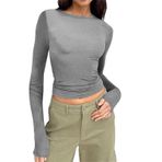 Uzun kollu tişört, kadın, pamuk, tunik, üst, basic tişört, Crop Top Y2K Clothes Casual yuvarlak yaka kazak, uzun kollu tişört, dar kesim, gömlek, bluz, genç, sokak giyimi, Koyu gri-3., XS