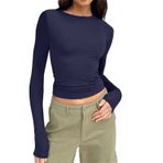 Uzun kollu tişört, kadın, pamuk, tunik, üst, basic tişört, Crop Top Y2K Clothes Casual yuvarlak yaka kazak, uzun kollu tişört, dar kesim, gömlek, bluz, genç, sokak giyimi, Koyu mavi-9, L