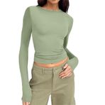 Uzun kollu tişört, kadın, pamuk, tunik, üst, basic tişört, Crop Top Y2K Clothes Casual yuvarlak yaka kazak, uzun kollu tişört, dar kesim, gömlek, bluz, genç, sokak giyimi, Nane yeşili-6, XL